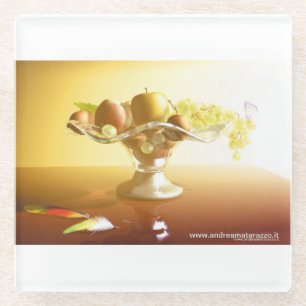 Posavasos De Vidrio Cesta de vidrio con frutas y mariposa