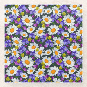 Posavasos De Vidrio Chamomile, flores silvestres: patrón sin costuras.