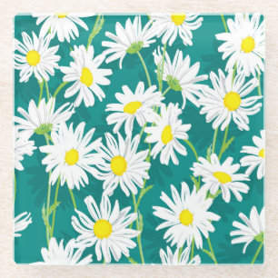 Posavasos De Vidrio Chamomile Turquoise: Ilustracion floral sin foco.