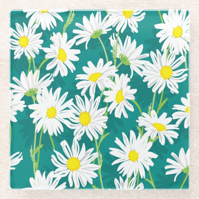 Posavasos De Vidrio Chamomile Turquoise: Ilustracion floral sin foco. (Anverso)