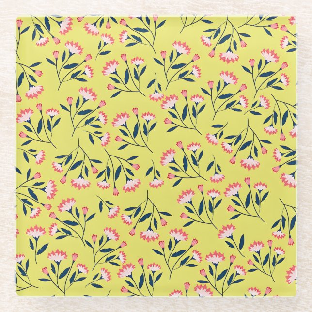 Posavasos De Vidrio  Cheerful Floral Pattern: Pink Flowers  (Anverso)