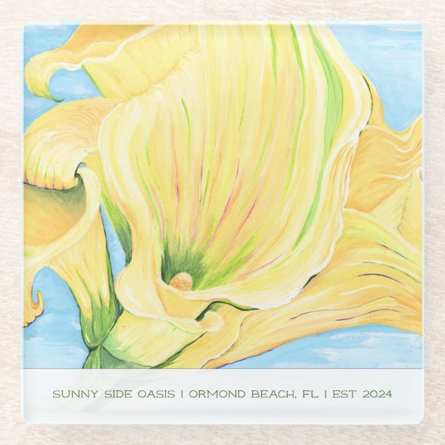 Posavasos De Vidrio Cheerful Yellow Calla Lily Vacation Home (Anverso)