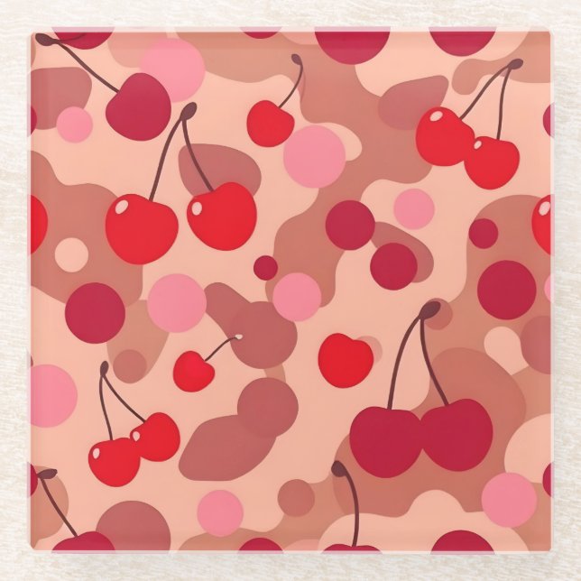 Posavasos De Vidrio Cherries Art Pink Square Glass Coaster (Anverso)