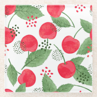 Posavasos De Vidrio Cherry Berries Vintage, Watercolor Seamless.