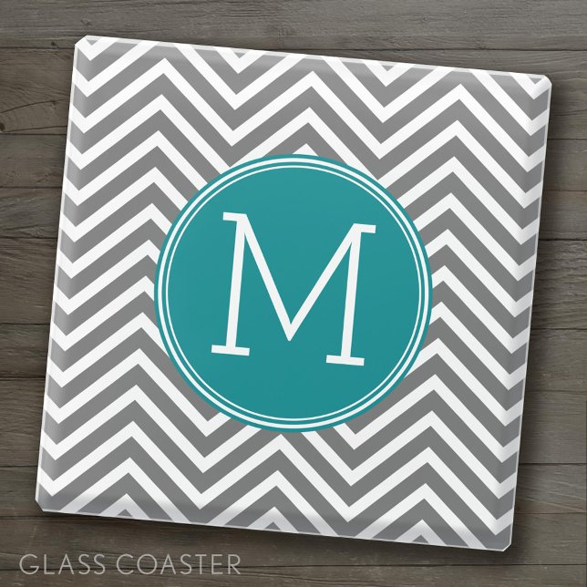 Posavasos De Vidrio Chevrons gris y Verde azulado - Monograma Personal (Custom Coaster)