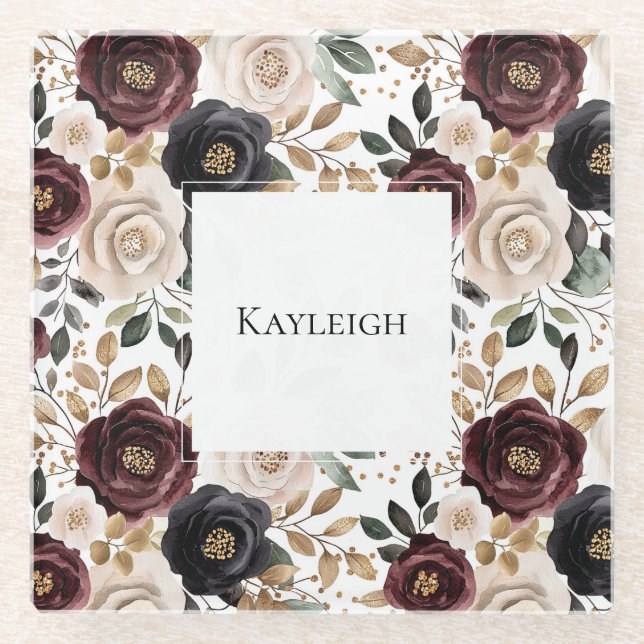 Posavasos De Vidrio Chic Burgundy Cream Floral   (Anverso)