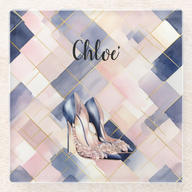 Posavasos De Vidrio Chic French Blue Cream Blush High Heels (Anverso)