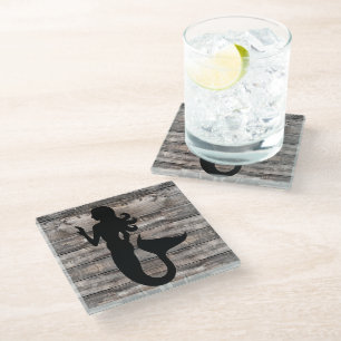 Posavasos De Vidrio chic madera rústica silueta de SIRENA