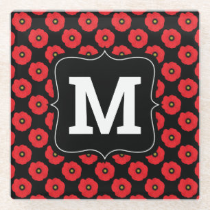 Posavasos De Vidrio Chic Rústico Rojo, Amapolas Monograma en Blanco y 