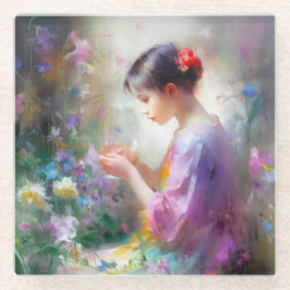 Posavasos De Vidrio Chica admirando una flor en sus manos