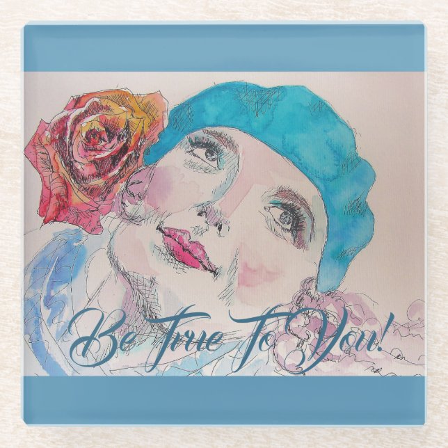 Posavasos De Vidrio Chica Con Rosa Rojo Beret Sé Fiel A Tu Pascua (Anverso)