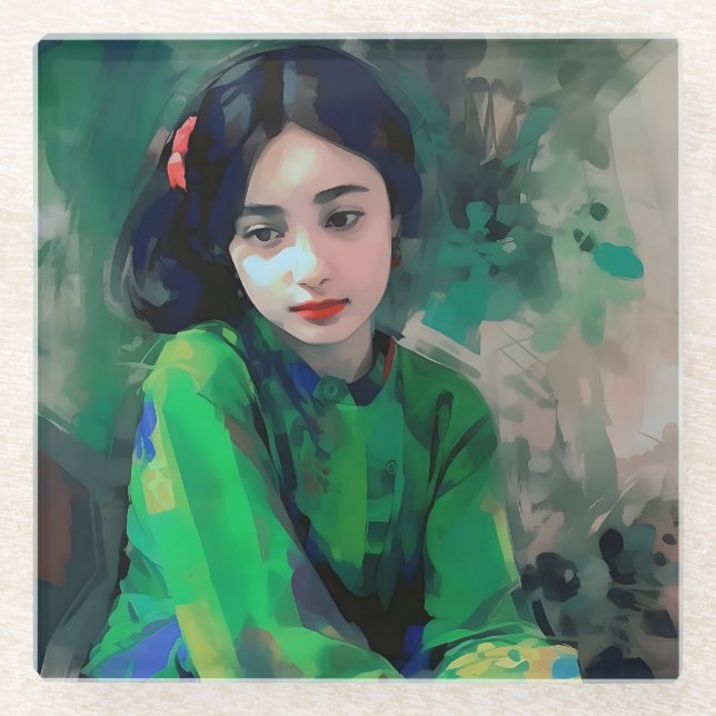 Posavasos De Vidrio Chica con vestido verde (Anverso)