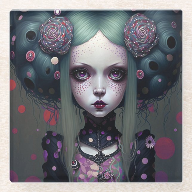 Posavasos De Vidrio Chica de Gótico lindo arte morado negro fantasía (Anverso)