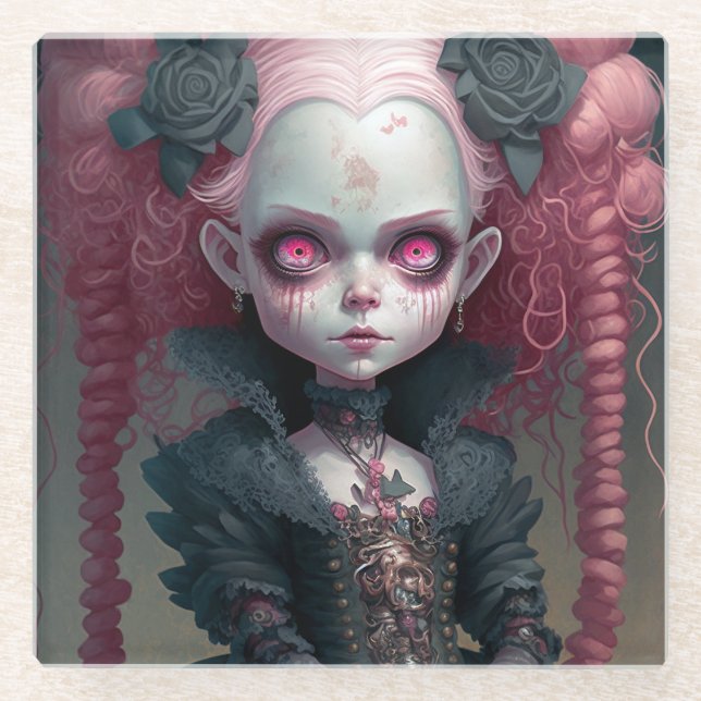 Posavasos De Vidrio Chica de gótico Rosa Negro Típico (Anverso)