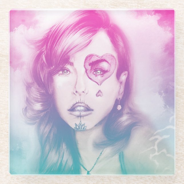 Posavasos De Vidrio Chica de maquillaje de cráneo de azúcar, escayola  (Anverso)