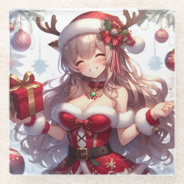 Posavasos De Vidrio Chica de Navidades de anime (Anverso)