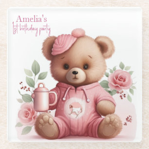 Posavasos De Vidrio Chica de osito de peluche boho rosa Cumpleaños flo