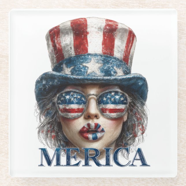 Posavasos De Vidrio Chica Merica, 4 de julio Chica de Glam con estrell (Anverso)