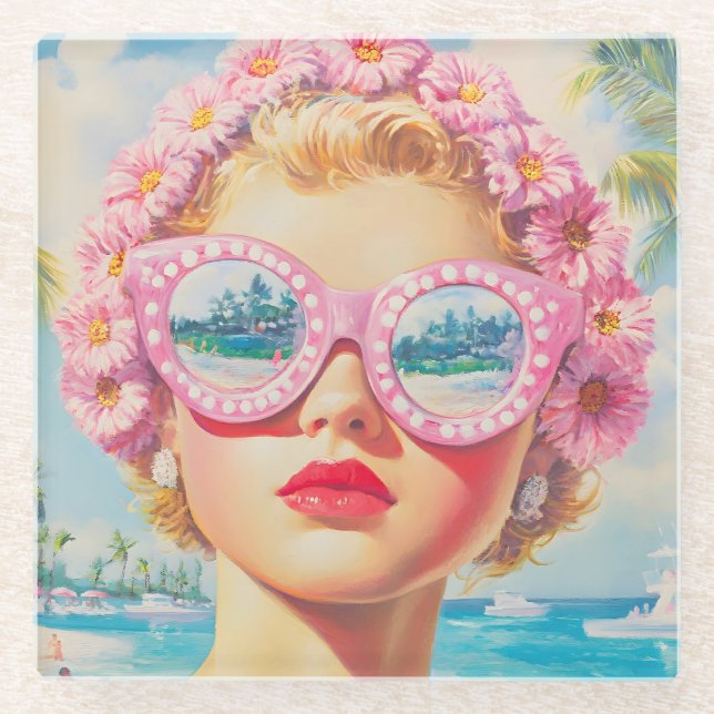 Posavasos De Vidrio Chica Retro Beach con gafas de sol florales (Anverso)