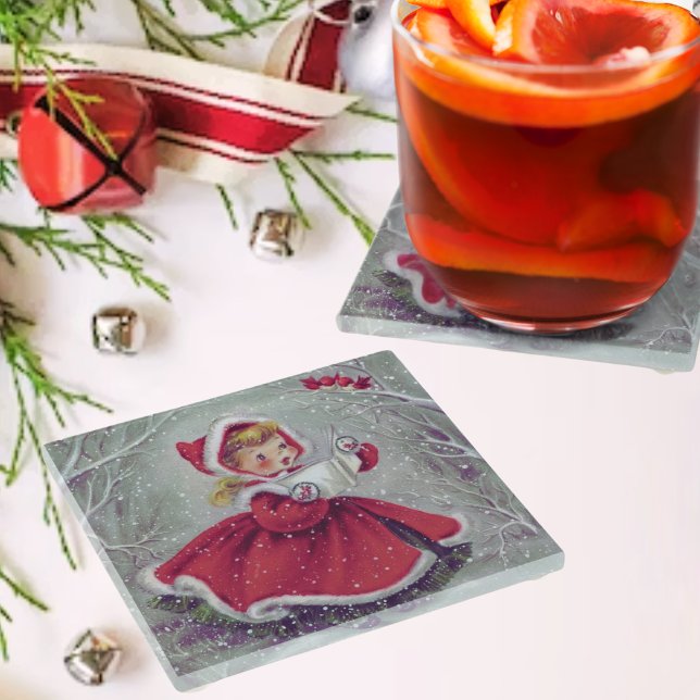 Posavasos De Vidrio Chica retro de cosecha en nieve (Vintage Retro Christmas Girl Caroling in Snow Glass Coaster)
