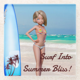 Posavasos De Vidrio Chica Toon Surfer posando a orillas del mar