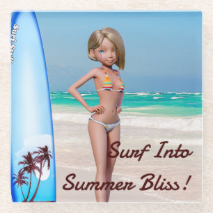 Posavasos De Vidrio Chica Toon Surfer posando a orillas del mar