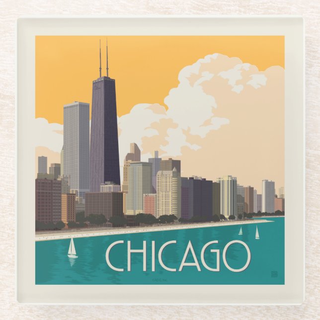 Posavasos De Vidrio Chicago | Modern Skyline (Anverso)