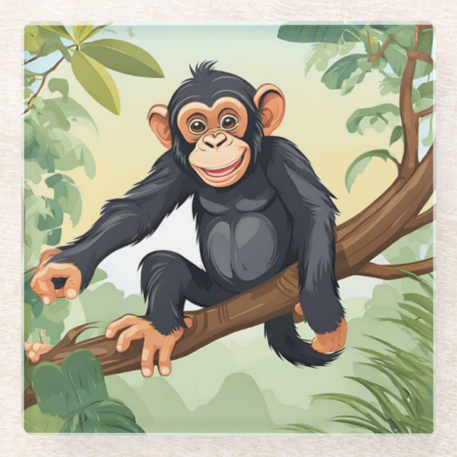 Posavasos De Vidrio Chimpanzee con su linda cola en la rama saluda (Anverso)