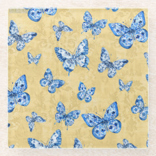 Posavasos De Vidrio Chinoiserie Blue White Mariposa Faded Damask