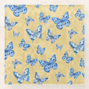 Posavasos De Vidrio Chinoiserie Blue White Mariposa Faded Damask