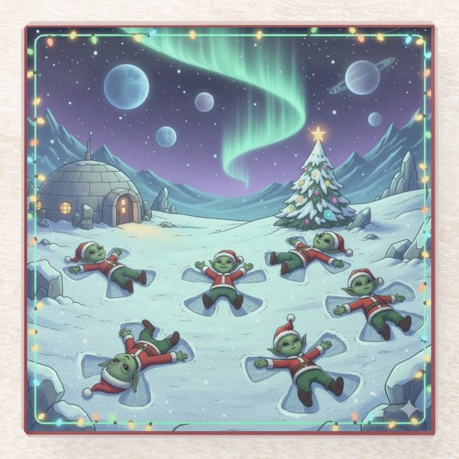 Posavasos De Vidrio Christmas Alien Snow Angels, Glass Coaster (Anverso)