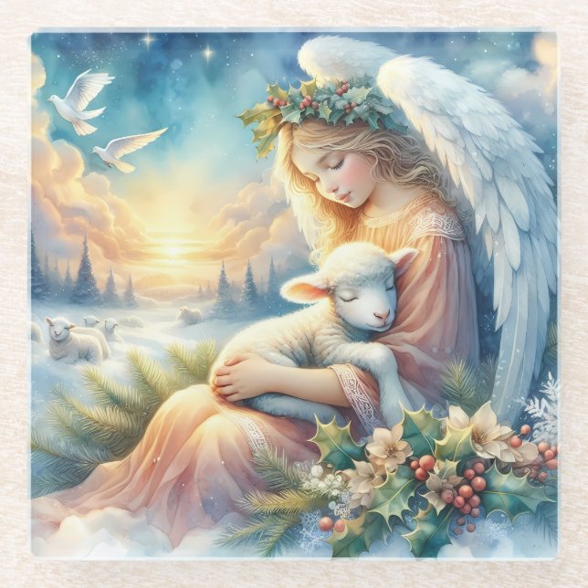 Posavasos De Vidrio Christmas Angel with Lamb in Winter Peace (Anverso)