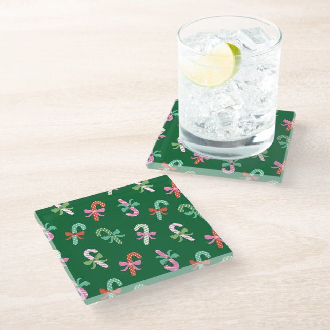 Posavasos De Vidrio Christmas Candy Canes with Bows - Green Coaster (Angular)