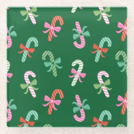 Posavasos De Vidrio Christmas Candy Canes with Bows - Green Coaster