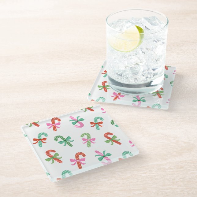 Posavasos De Vidrio Christmas Candy Canes with Bows - White Coaster (Angular)