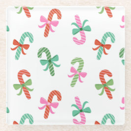 Posavasos De Vidrio Christmas Candy Canes with Bows - White Coaster