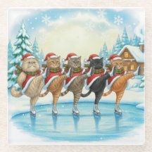 Christmas Cat Skaters, Glass Coaster