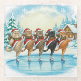 Posavasos De Vidrio Christmas Cat Skaters, Glass Coaster