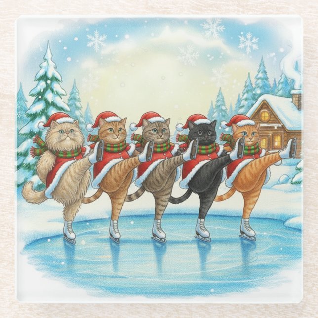 Posavasos De Vidrio Christmas Cat Skaters, Glass Coaster (Anverso)