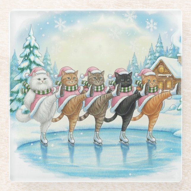 Posavasos De Vidrio Christmas Cat Skaters Pink, Glass Coaster (Anverso)