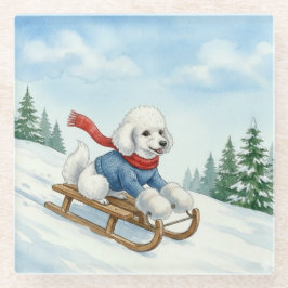 Posavasos De Vidrio Christmas Poodle Sledding, Glass Coaster