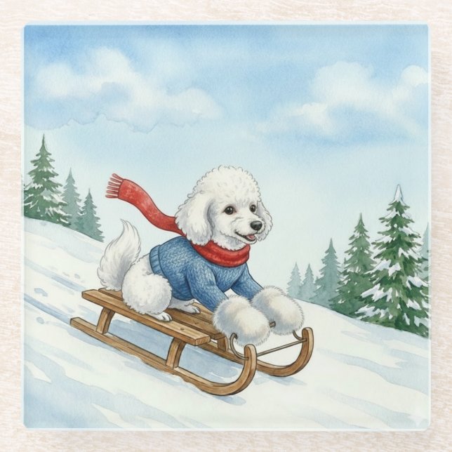 Posavasos De Vidrio Christmas Poodle Sledding, Glass Coaster (Anverso)