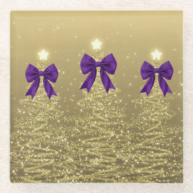 Posavasos De Vidrio Christmas Sparkling Trees Gold Faux Purple Bow  (Anverso)
