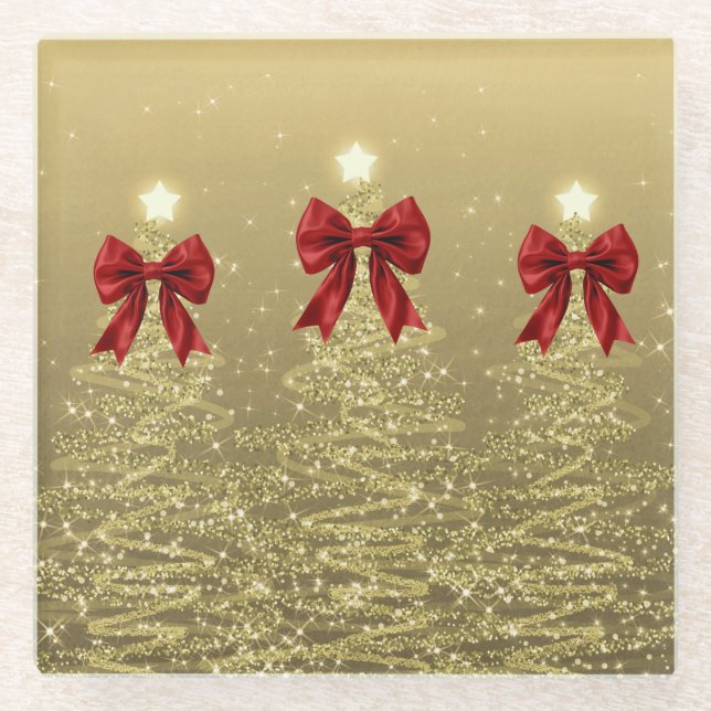 Posavasos De Vidrio Christmas Sparkling Trees Gold Faux Red Bow  (Anverso)
