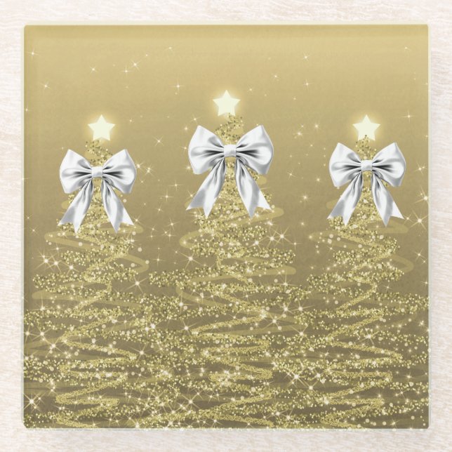 Posavasos De Vidrio Christmas Sparkling Trees Gold Faux Silver Bow  (Anverso)