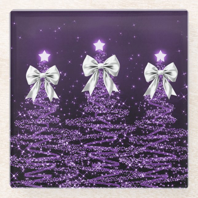Posavasos De Vidrio Christmas Sparkling Trees Purple Faux Silver Bow  (Anverso)