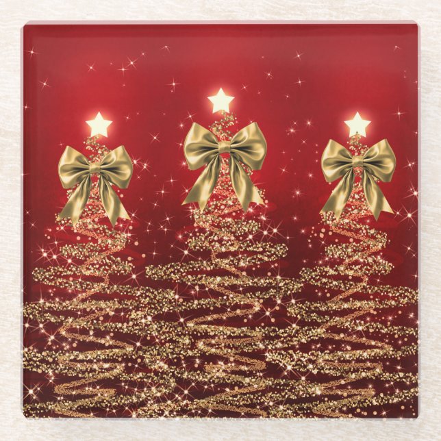 Posavasos De Vidrio Christmas Sparkling Trees Red Gold Faux Bow  (Anverso)