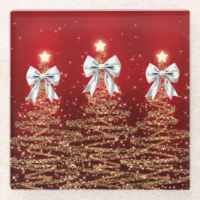 Posavasos De Vidrio Christmas Sparkling Trees Red Silver Faux Bow  (Anverso)