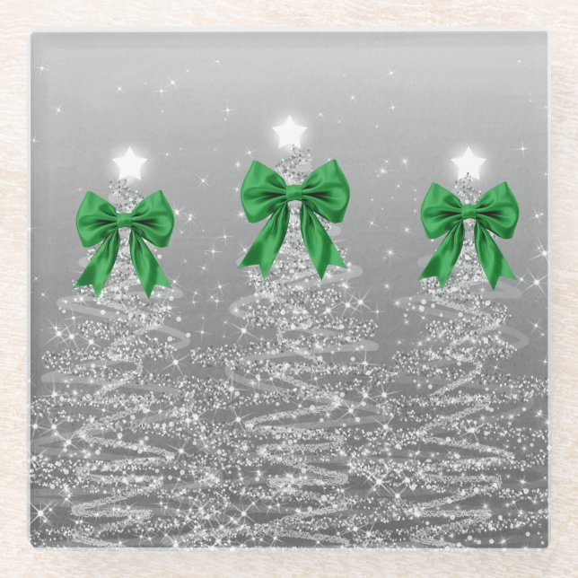 Posavasos De Vidrio Christmas Sparkling Trees Silver Faux Green Bow  (Anverso)