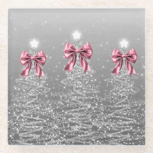 Posavasos De Vidrio Christmas Sparkling Trees Silver Faux Pink Bow  (Anverso)